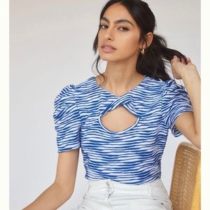 Like New {Maeve · Anthro} Puff Sleeve Blue White Blouse + Cut Out Top | XS 0 · 2